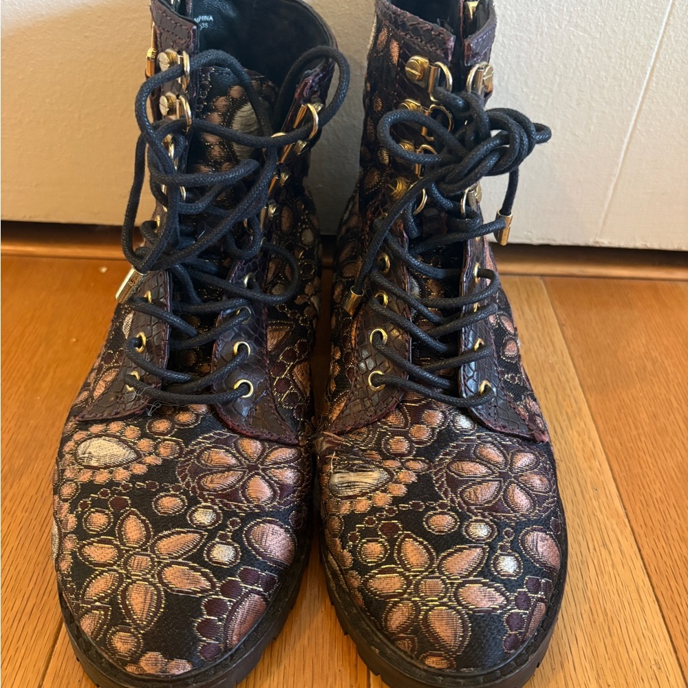Alice + Olivia Tyrese Jacquard Lace-Up Combat Boots.